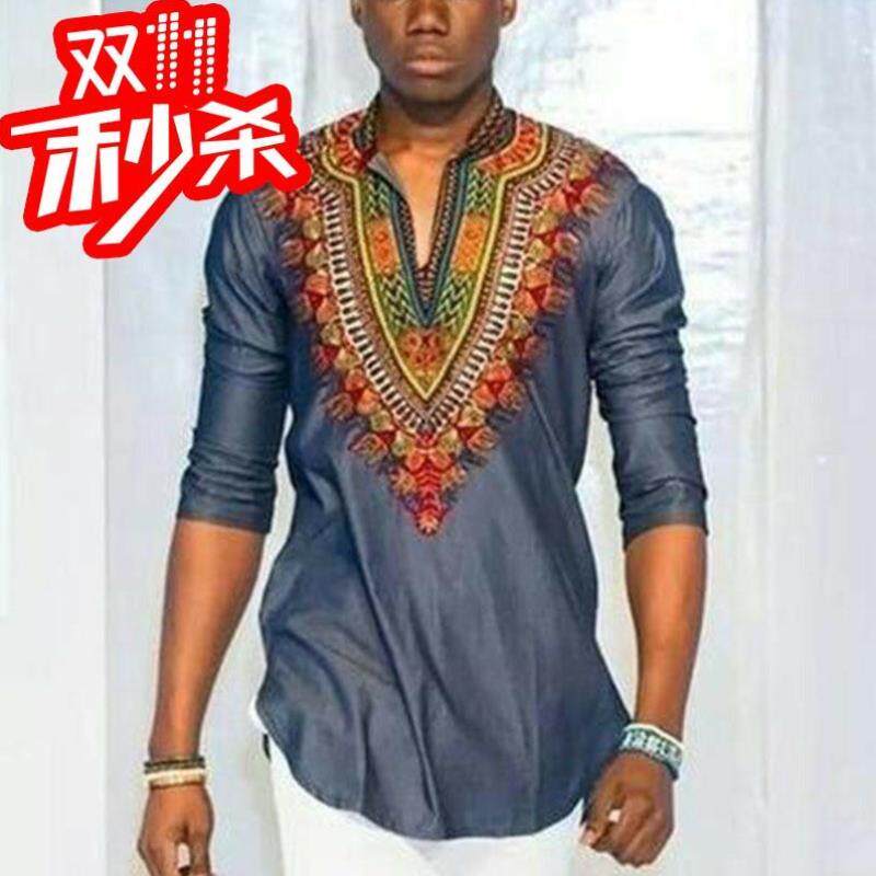 Oversized men's African printed v-neck T-irt 3xl大码T恤图片