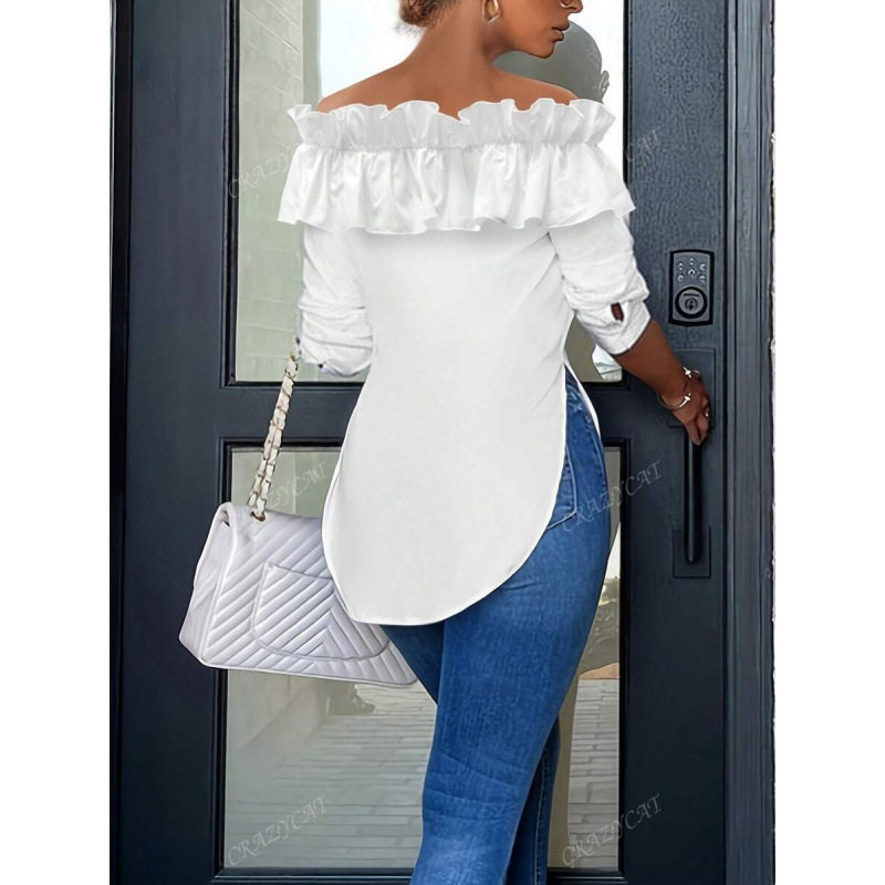 ladies Off-shoulder ruffle shirt leisure blouses 一字肩衬衫