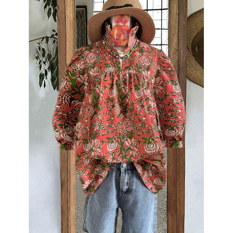 G 10835 Printed V-neck women's top V领印花中袖女装上衣