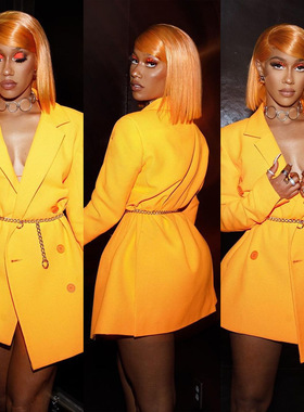 Yellow suit dress黄色时尚西装外套 欧美风中长西服连衣裙通勤