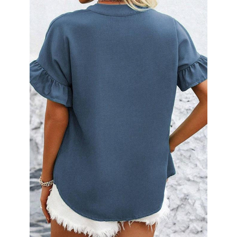 ladies short sleeves Ruched cotton linen shirt 缩褶立领衬衫