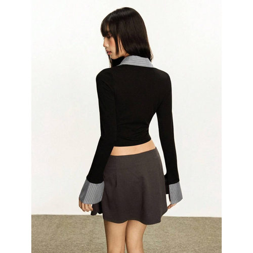 ladies Striped polo neck vintage long top 条纹POLO领复古上衣