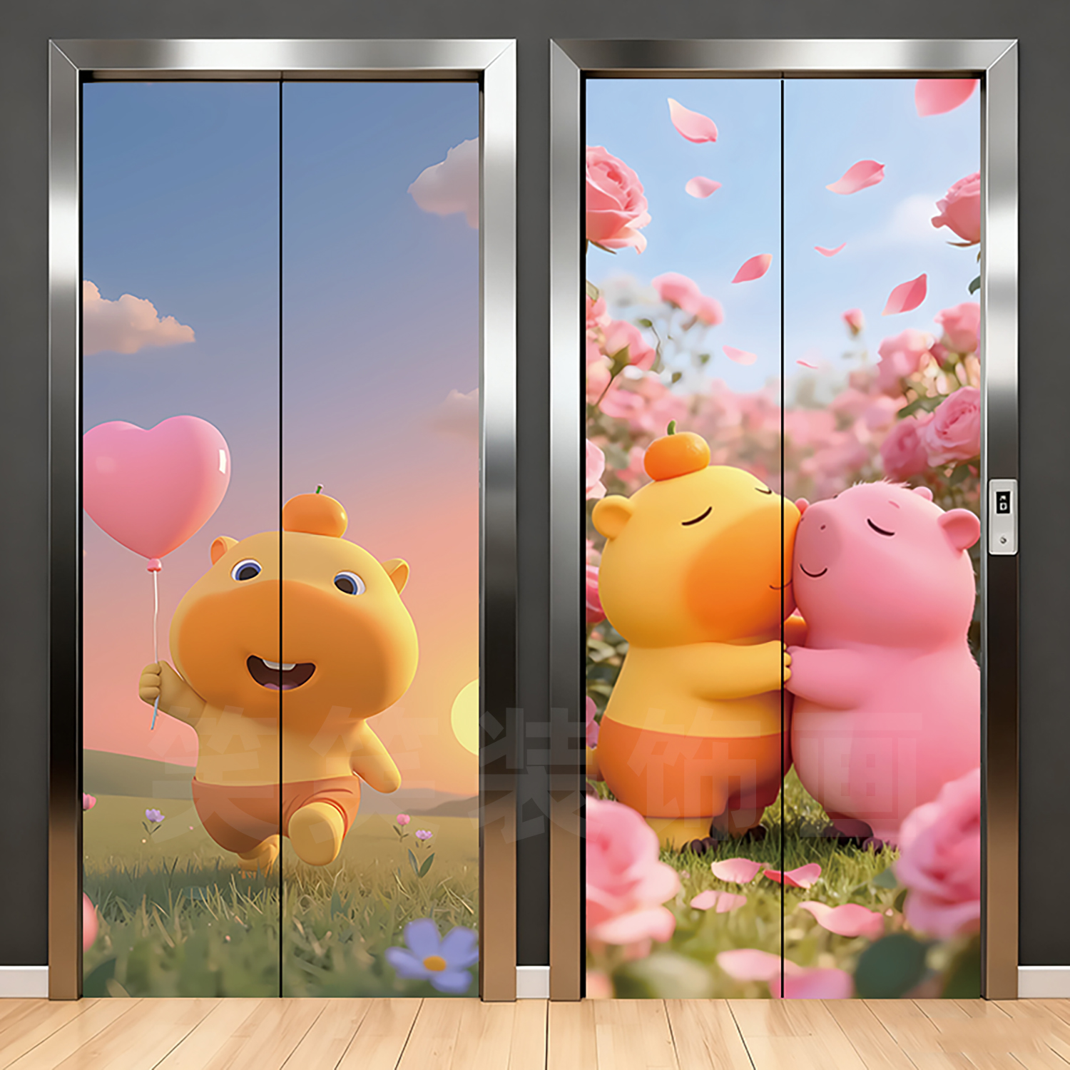 水豚噜噜电梯门贴纸创意卡通loppy奶龙装饰贴画入户电梯自粘贴画