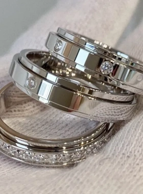 伯家时来运转戒指女925纯银镀18K金可转动旋转不掉色情侣对戒代发