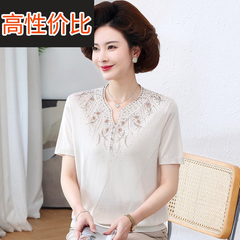 妈妈夏装新款短袖桑蚕丝T恤上衣中老年女装夏季宽松真丝针织小衫