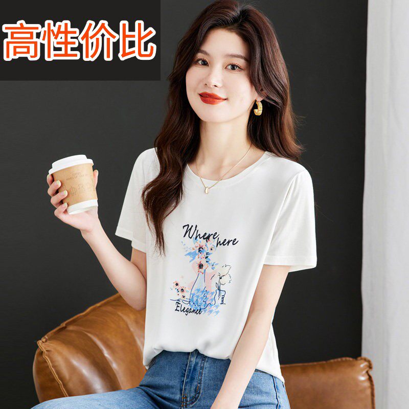 雪纺拼接正肩短袖t恤女2026爆款夏季设计感小众宽松印花体恤上衣