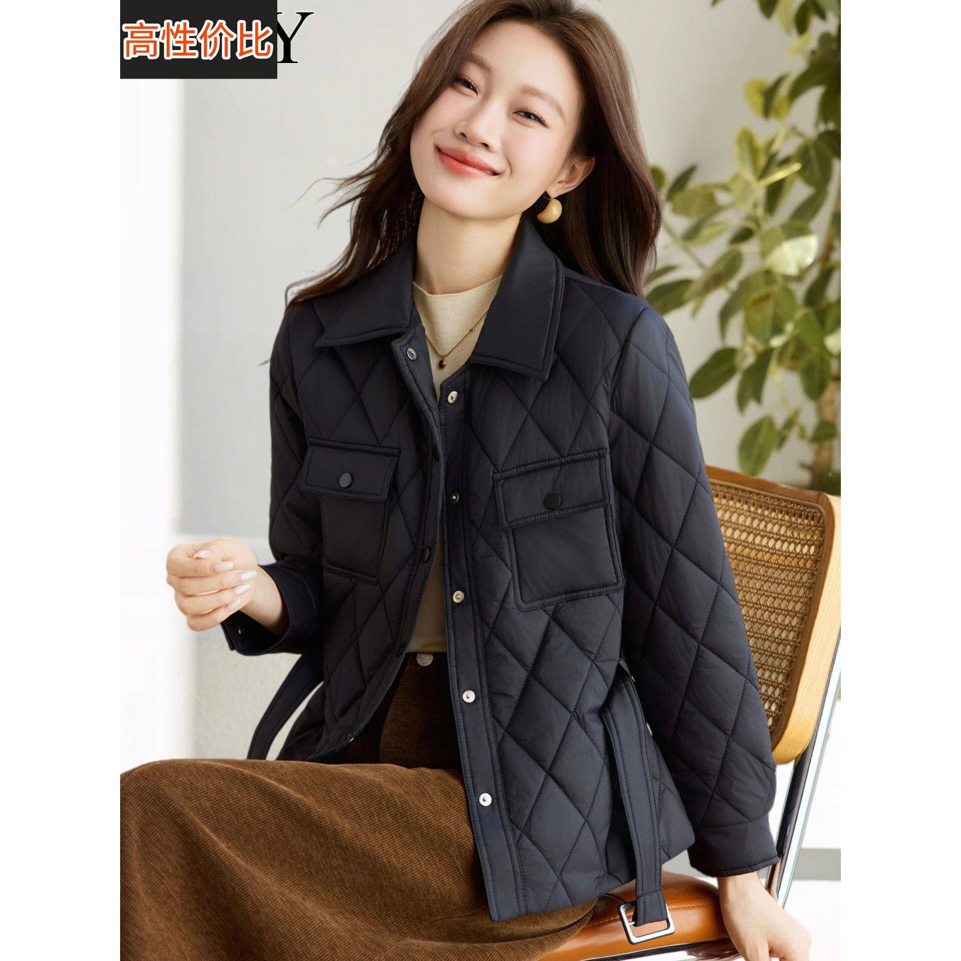 2025冬装新款有特色短款收腰显瘦优雅黑色棉服菱格轻薄夹棉外套女