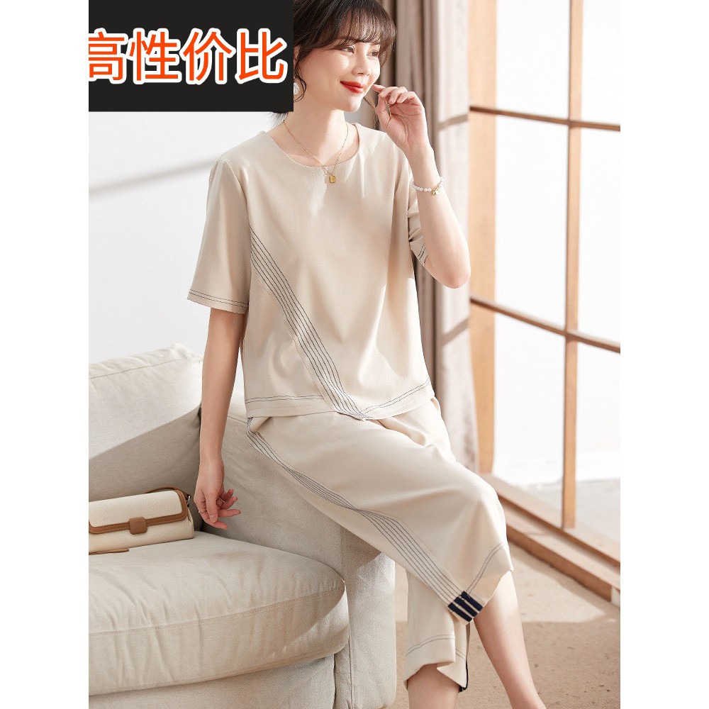 喜卉中年妈妈夏季休闲运动服套装洋气中老年女夏装短袖T恤两件套