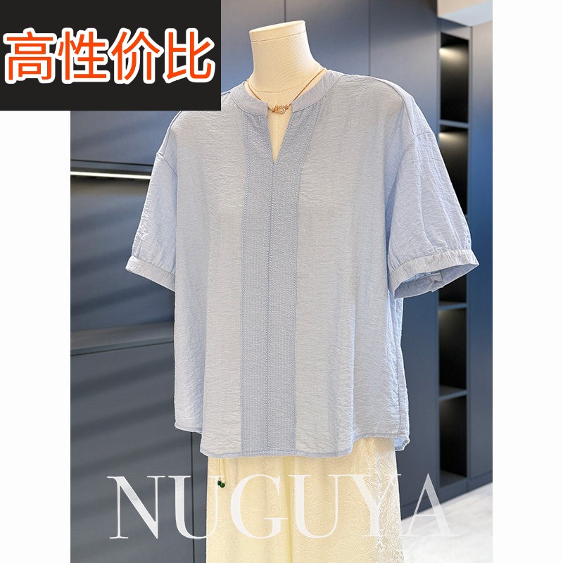 时尚休闲妈妈装棉麻衬衫女短袖2025年夏装新款上衣气质中老年衬衫