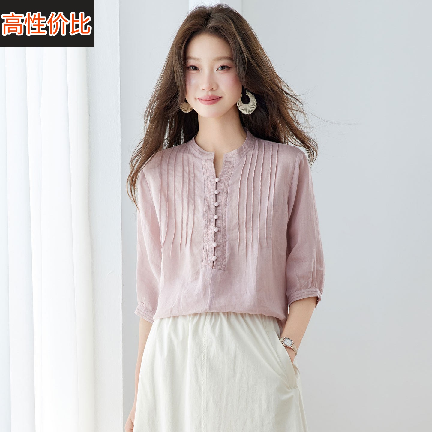独特漂亮苎麻衬衫女短袖夏季棉麻亚麻刺绣高端妈妈装减龄中袖上衣