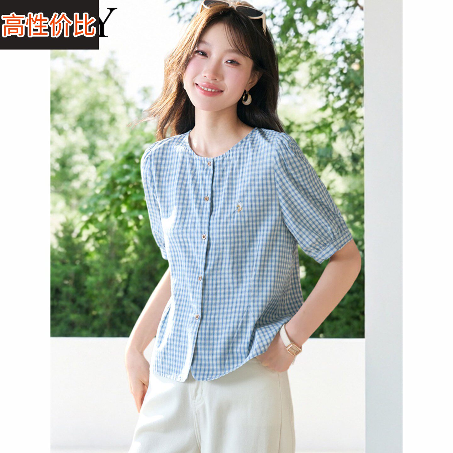 2026夏天新款100%纯棉文艺范格子减龄衬衫经典洋派刺绣短袖上衣女