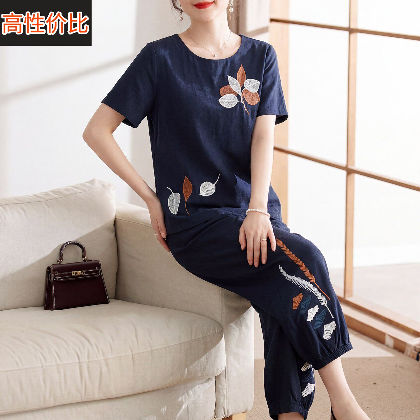 喜卉中老年妈妈夏装2026新款棉麻短袖t恤上衣裤子套装女时尚两件