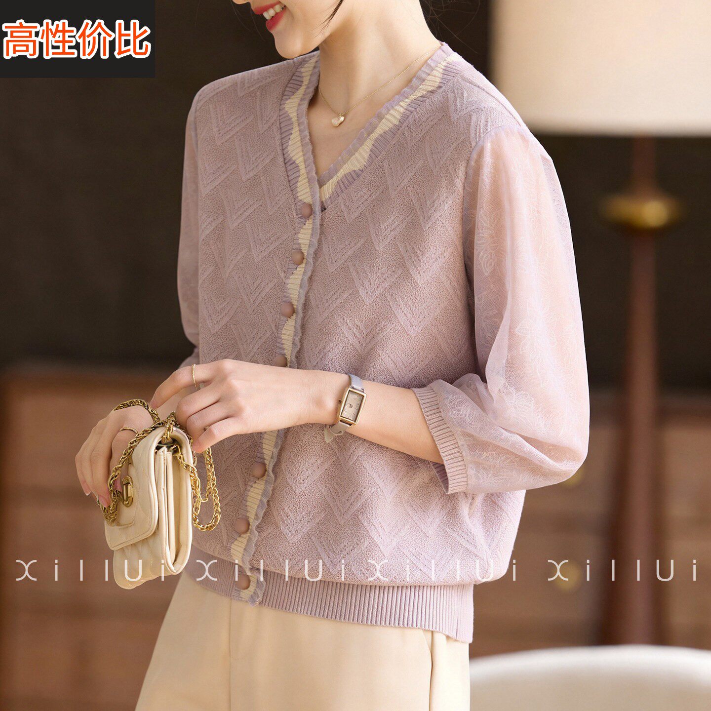 喜卉妈妈春装时尚纱袖上衣2026新款中年女装春季薄款针织小衫气质