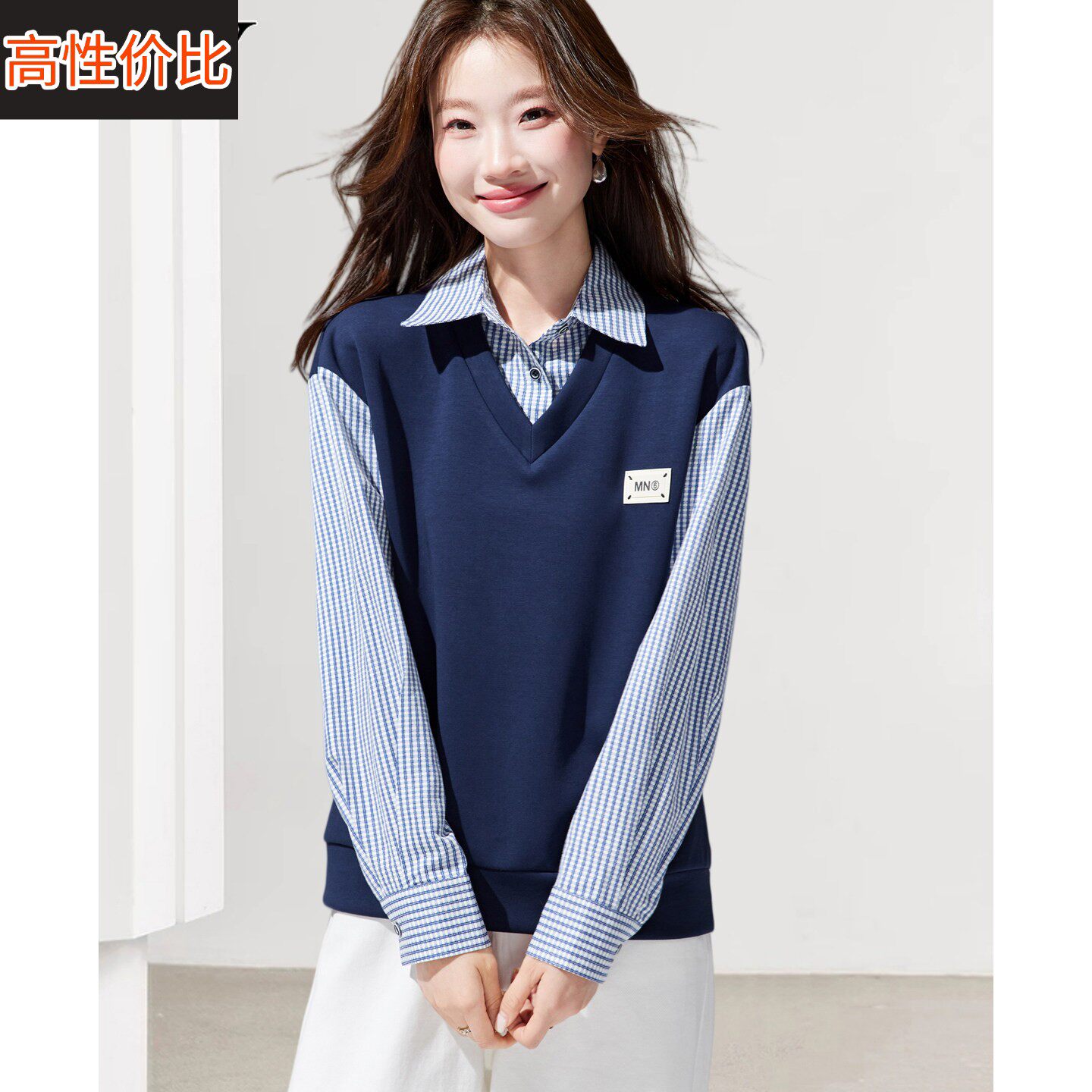 2026春装新款有特色拼接短款假两件衬衫宽松遮肚子减龄拼色上衣女