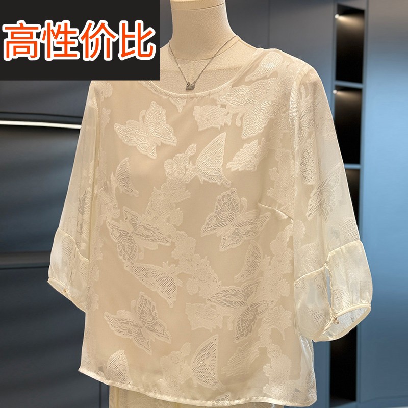 时尚中国风妈妈装七分袖雪纺衬衫女夏装新款上衣减龄洋派中年衬衫
