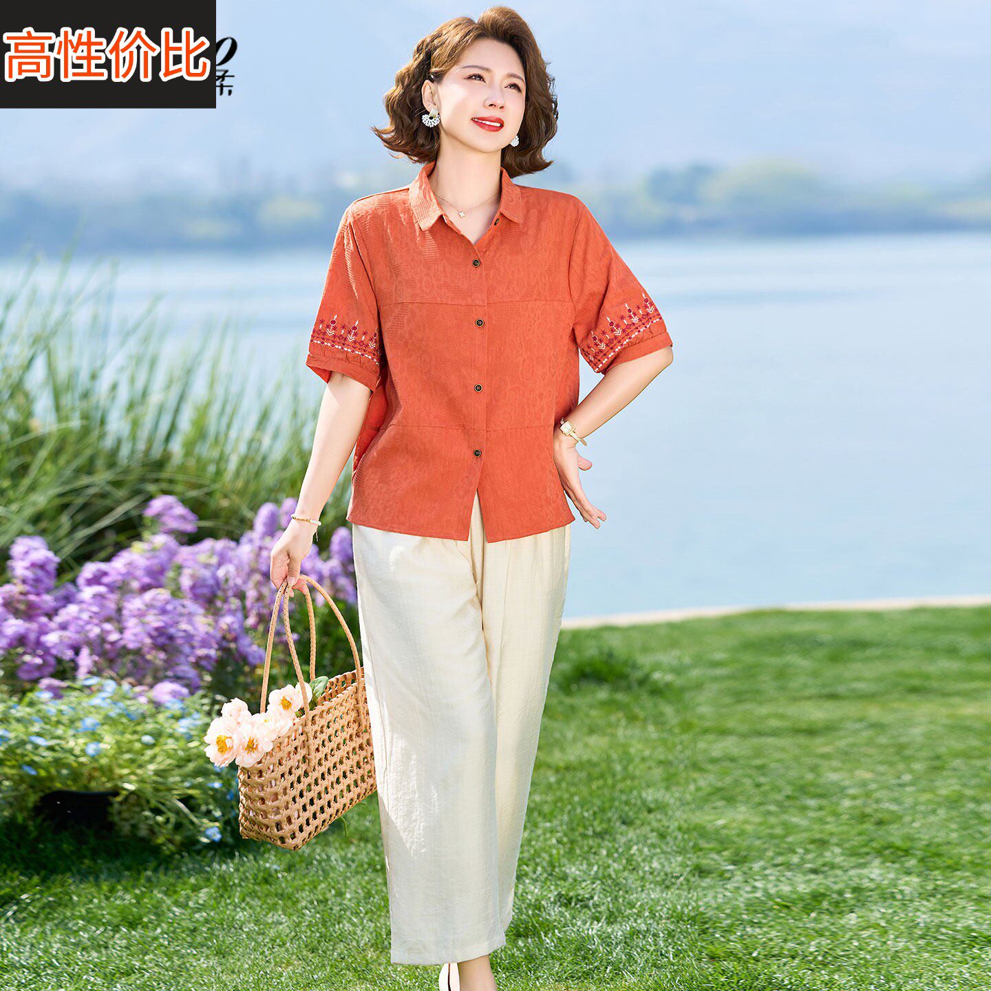 中年妈妈夏装棉麻套装洋气上衣2026新款中老年人棉绸女装夏季短袖
