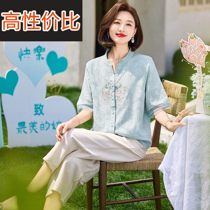 妈妈夏季短袖衬衫中年女装夏装国风T恤上衣中老年洋派棉麻套装薄
