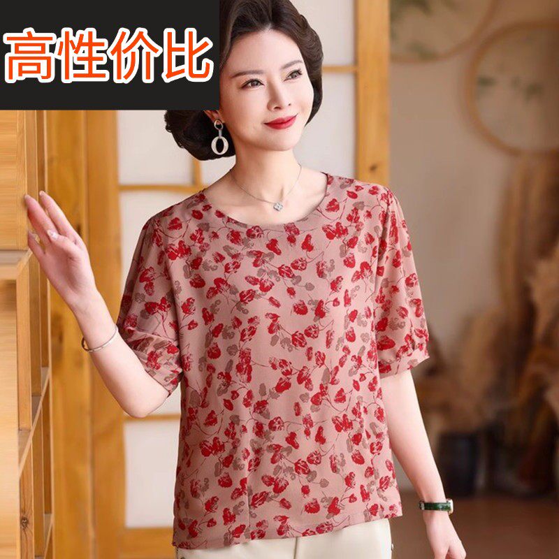 夏季中年人碎花妈雪纺衫上衣短袖半中老年女红T恤026短款圆领夏天