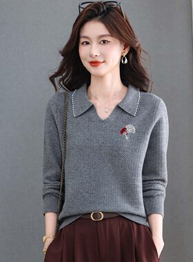 小款翻领绣花针织衫女宽松上衣短款春秋中年妈妈高级感打底衫毛衣