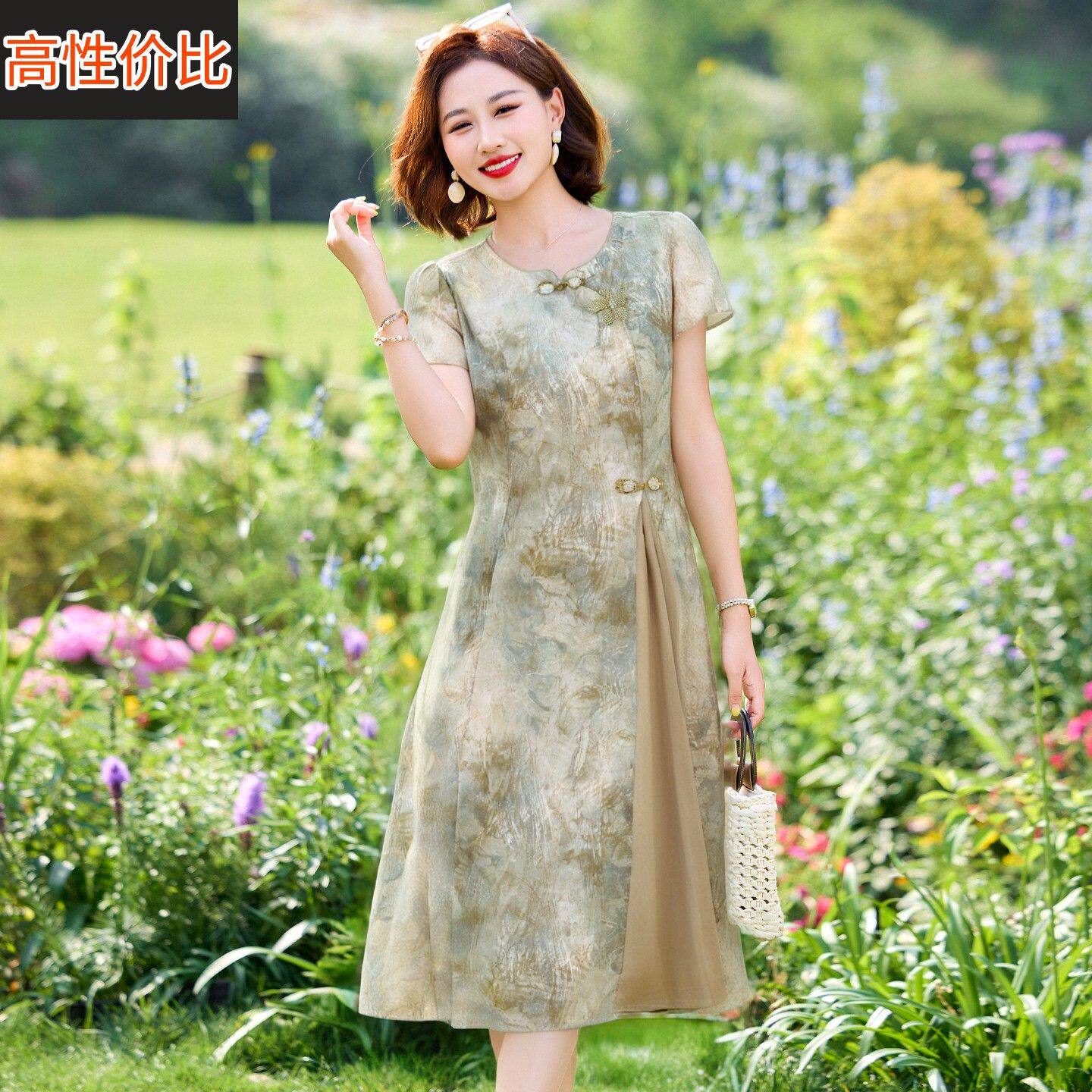 新中式国风妈妈装雪纺洋装中年女装夏装新款短袖中老年夏季裙子