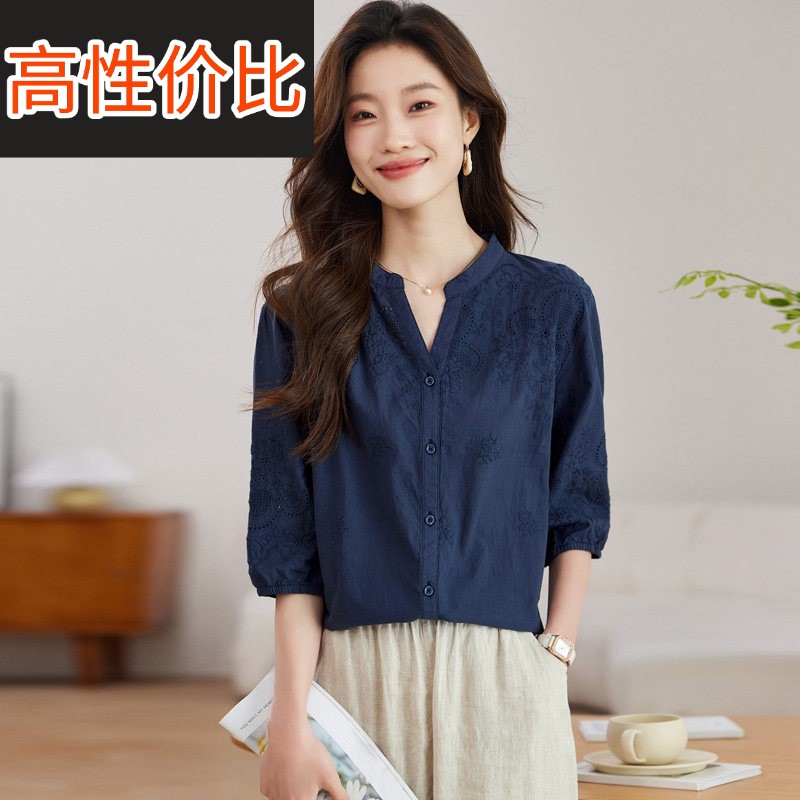 棉麻七分袖衬衫女中半袖上衣夏2026新款纯棉刺绣小衫国风减龄衬衣