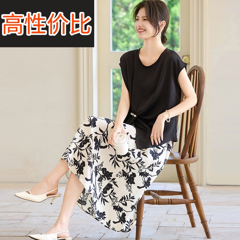 喜卉妈妈夏装洋派短袖上衣半身裙子两件套中老年女装端庄大气套装