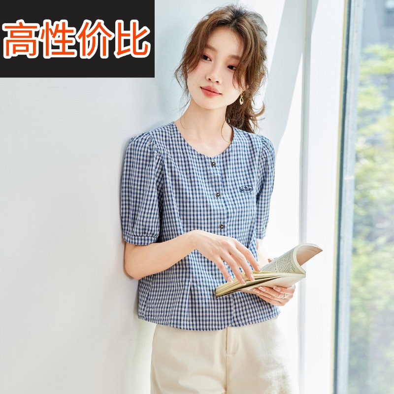 圆领格子衬衫短袖2025夏装新款女装韩版休闲宽松小个子超好看衬衫
