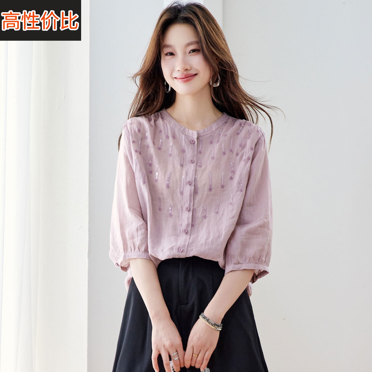 苎麻中袖衬衫女夏季独特漂亮超好看圆领刺绣棉麻半袖衬衣高端上衣