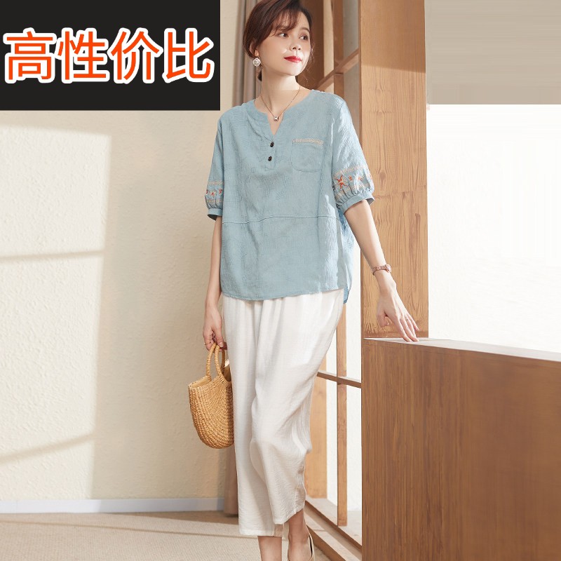 喜卉中年女士夏装妈妈棉麻套装洋气中老年夏季短袖T恤上衣两件套