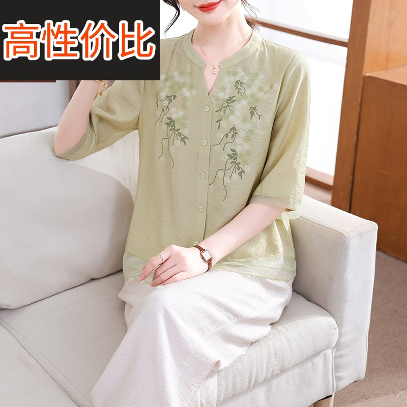 妈妈夏装棉麻套装2025新款中老年女装绣花洋气衬衫母亲节上衣小衫