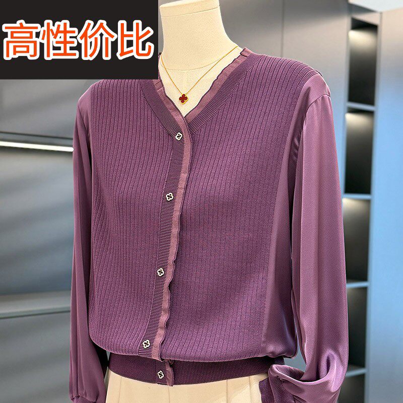 时尚休闲雪纺拼接针织衫女妈妈装春装新款减龄气质中年妇女打底衫
