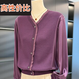 时尚休闲雪纺拼接针织衫女妈妈装春装新款减龄气质中年妇女打底衫