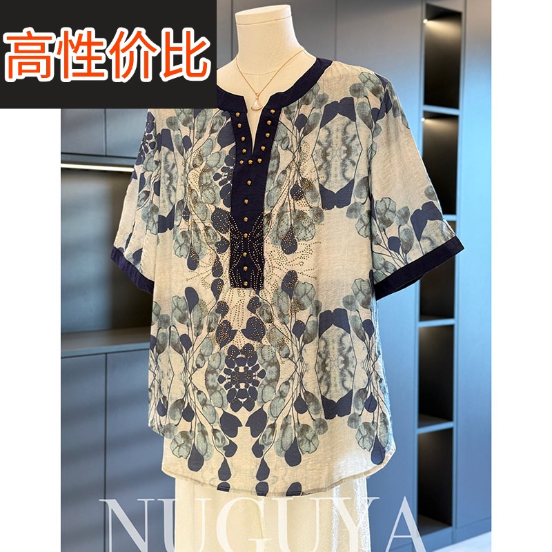 中国风妈妈装棉麻衬衫女短袖2025夏装新款上衣大尺码休闲 中老年