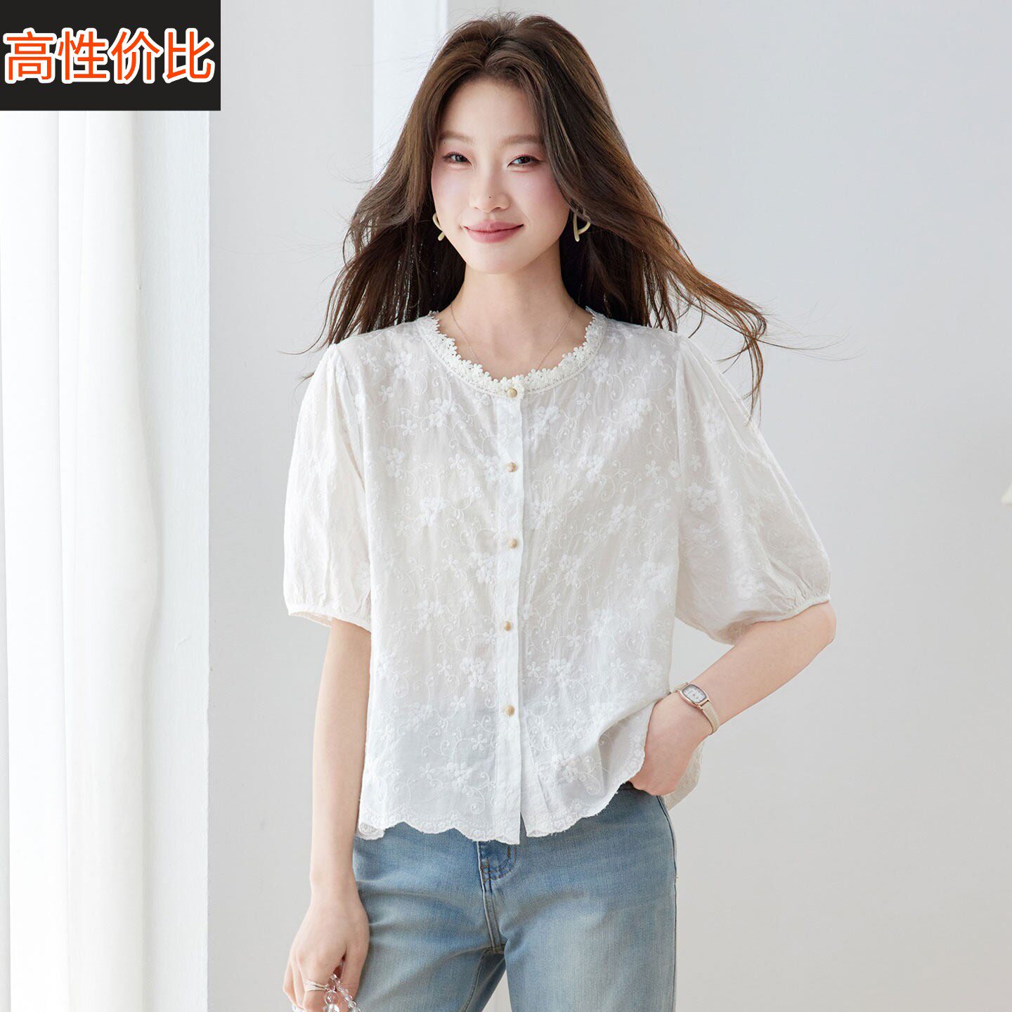 法式甜美蕾丝刺绣衬衫女短袖夏季高级感轻奢小个子纯棉半袖衬衣薄