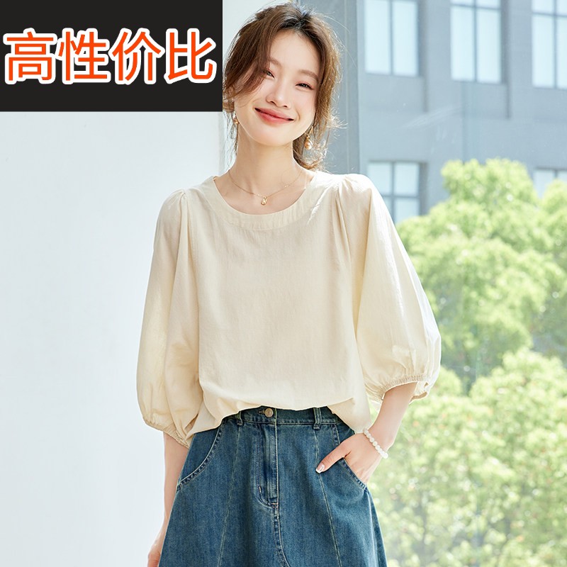 法式棉麻短袖衬衫女夏季薄款五分袖T恤圆领休闲遮肚子宽松衬衫上