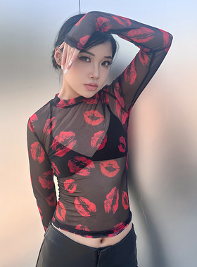 PGND2023 假货别抄了行吗 秋冬性感唇印圆领修身网纱透视上衣