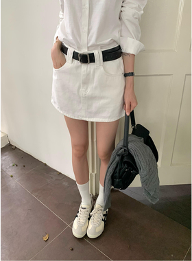 豆仁家 美式复古白色牛仔半身裙新款高腰包臀短裙显瘦百搭a字裙子