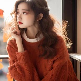 高级感安可拉橘红色麻花针织毛衣女温柔系秋冬加厚宽松慵懒风上衣