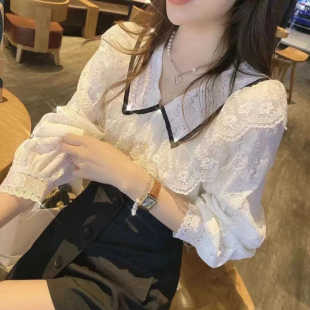 秋 女刺绣镂空洋气小衫 法式 娃娃领轻奢高级感蕾丝气质上衣雪纺衬衫