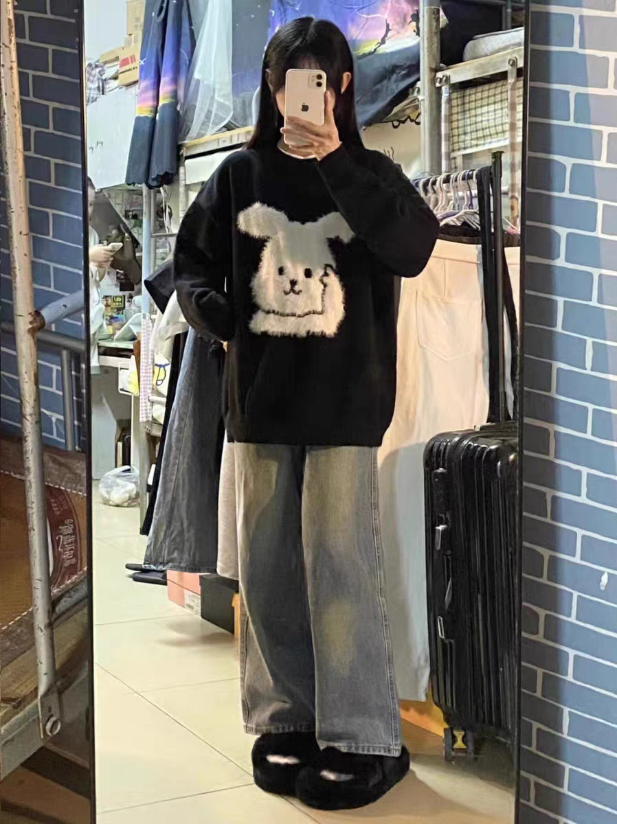 Jaiom植绒兔子贴布绣套头圆领毛衣针织衫女宽松情侣线衫秋冬装