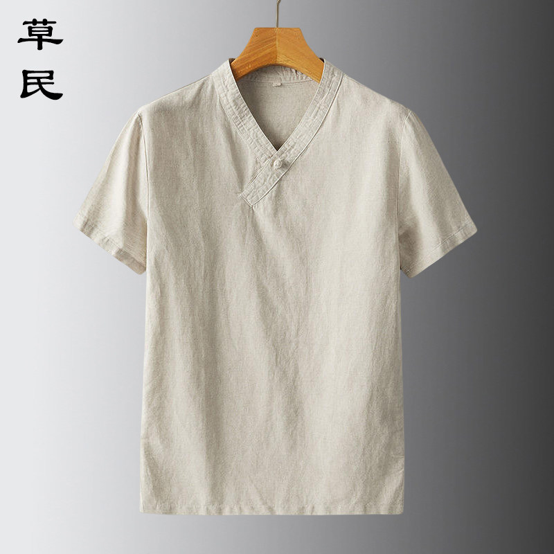 棉麻盘扣唐装男士亚麻短袖T恤中国风复古体恤衫宽松薄款休闲上衣