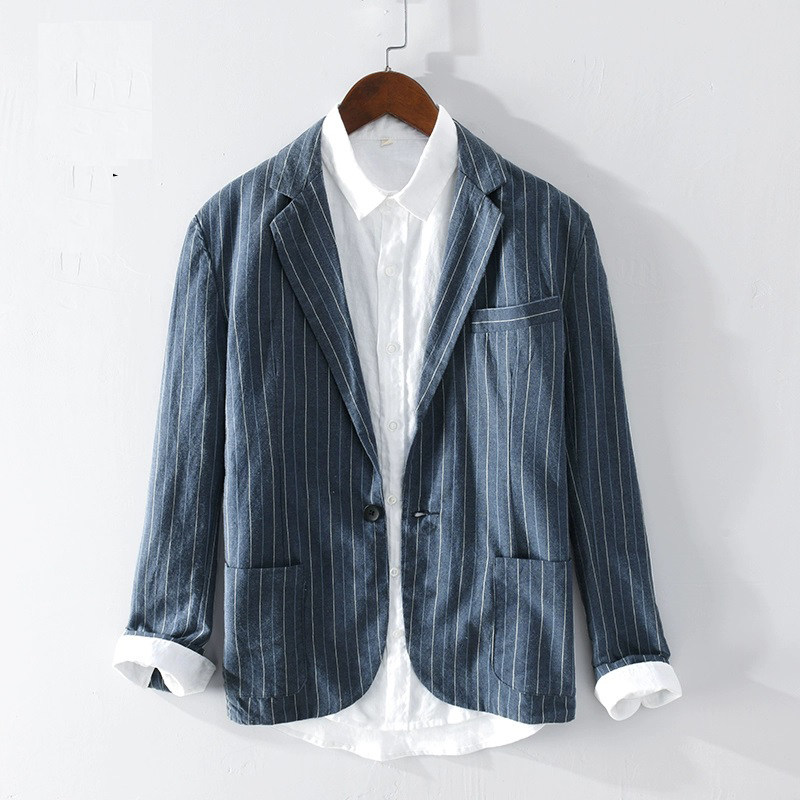 日系条纹大码亚麻轻薄小西服男士休闲商务正装宽松棉麻西装外套潮