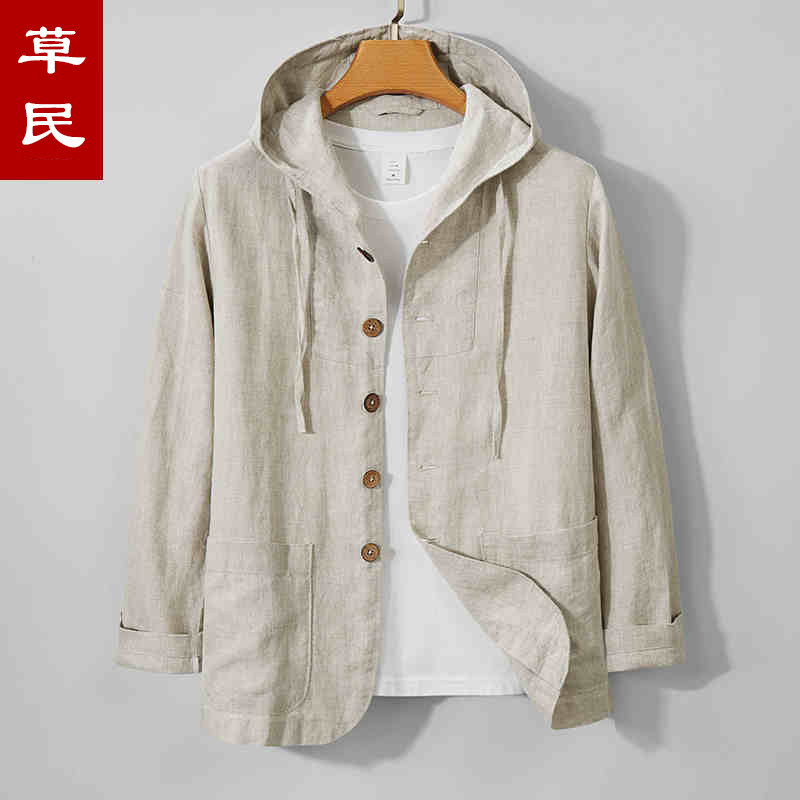 春夏款100%纯亚麻衬衫男长袖宽松连帽衫麻布上衣休闲棉麻薄款外套