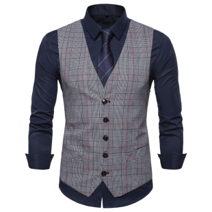外贸跨境 春装欧码休闲V领男款格子西装马甲men casual suit vest