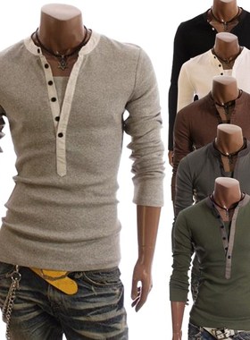 春秋装假两件男休闲长袖T恤men's long sleeve henley tee shirt