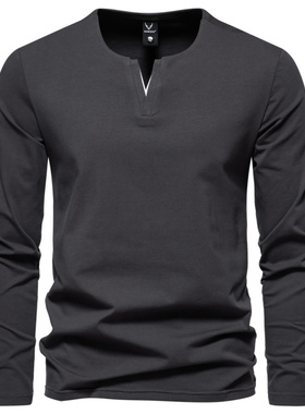 外贸高品质秋季亨利衫V领长袖T恤休闲纯色打底衫 T-shirt for men