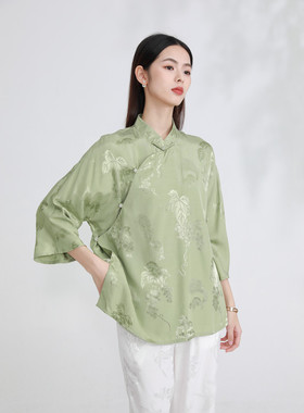 国风新中式改良立领老料提花2024复古斜襟淡绿色珠扣女上衣