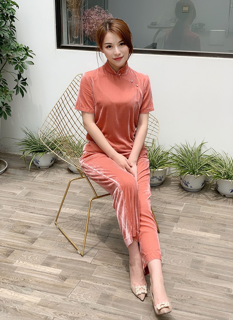 YXF0008真丝绒套装夏季唐装偏襟盘扣粉红上衣+休闲裤宽松阔腿裤女