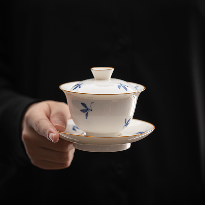 纯手绘手工羊脂玉白瓷盖碗茶杯图片