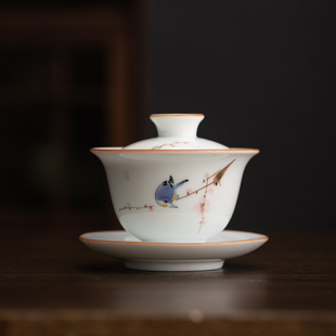 手绘白瓷盖碗茶杯功夫茶具单个三才泡茶碗手工釉上彩花鸟敬茶茶杯